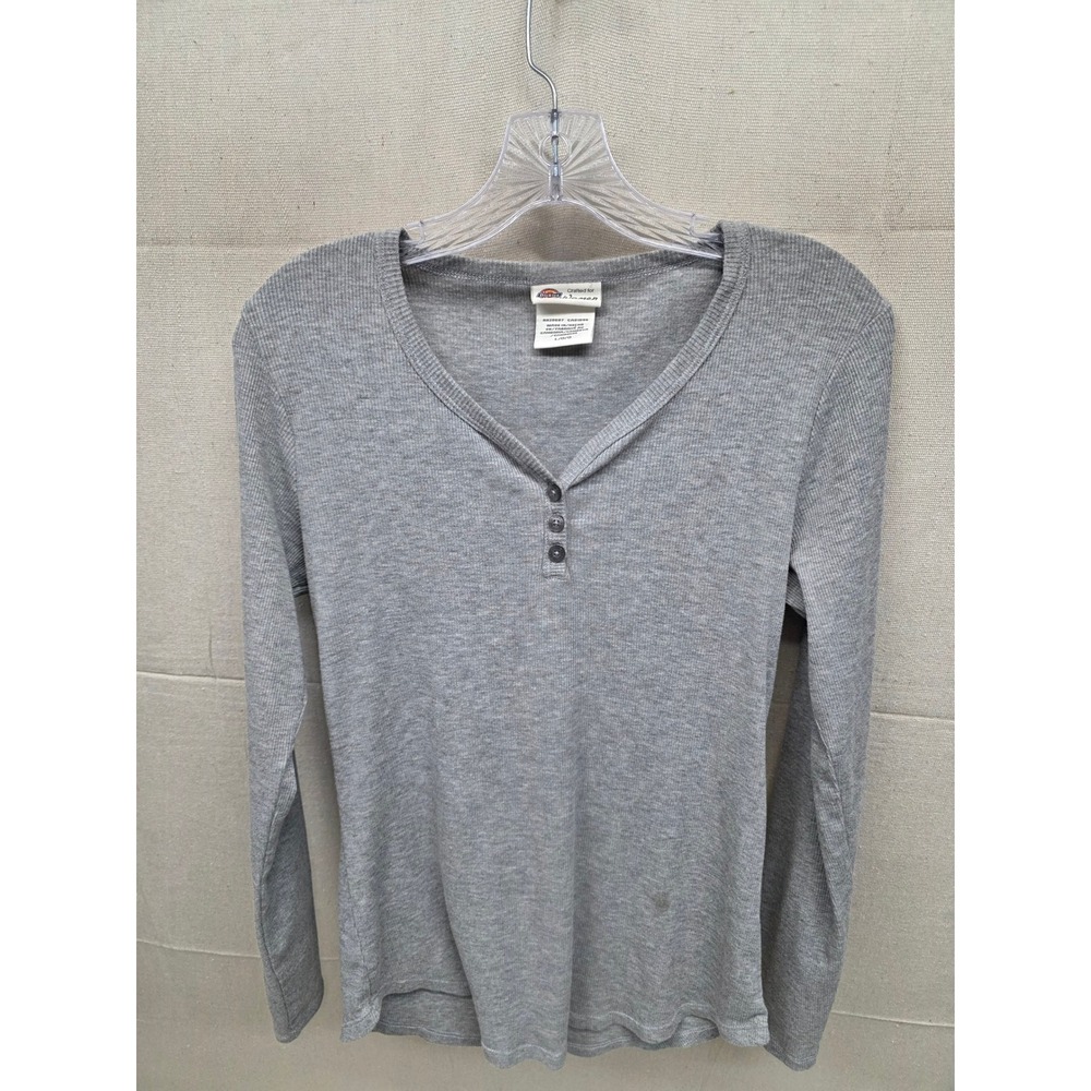 Dickies Women Gray Ribbed Henley‎ Long Sleeve Thermal Top Size L Curved Hem